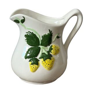 Vintage yellow strawberry 🍓 Small pitcher 80s 6” Tall MCM Kitchy